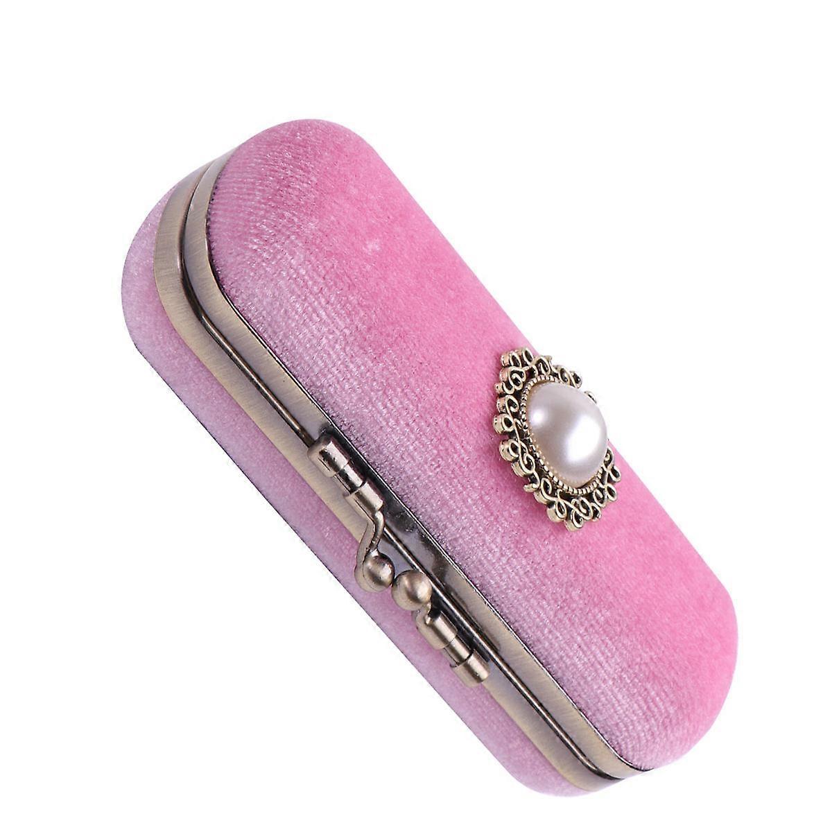 Retro Lipstick Box Storage Case With Mirror Pink Rectangular Travel 1Pcs