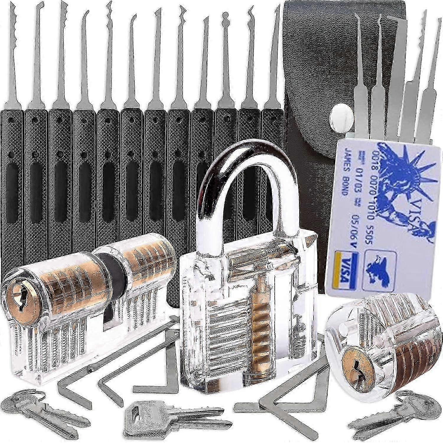 30-piece Lock Picking Tools Kit with 3 Transparent Padlocks