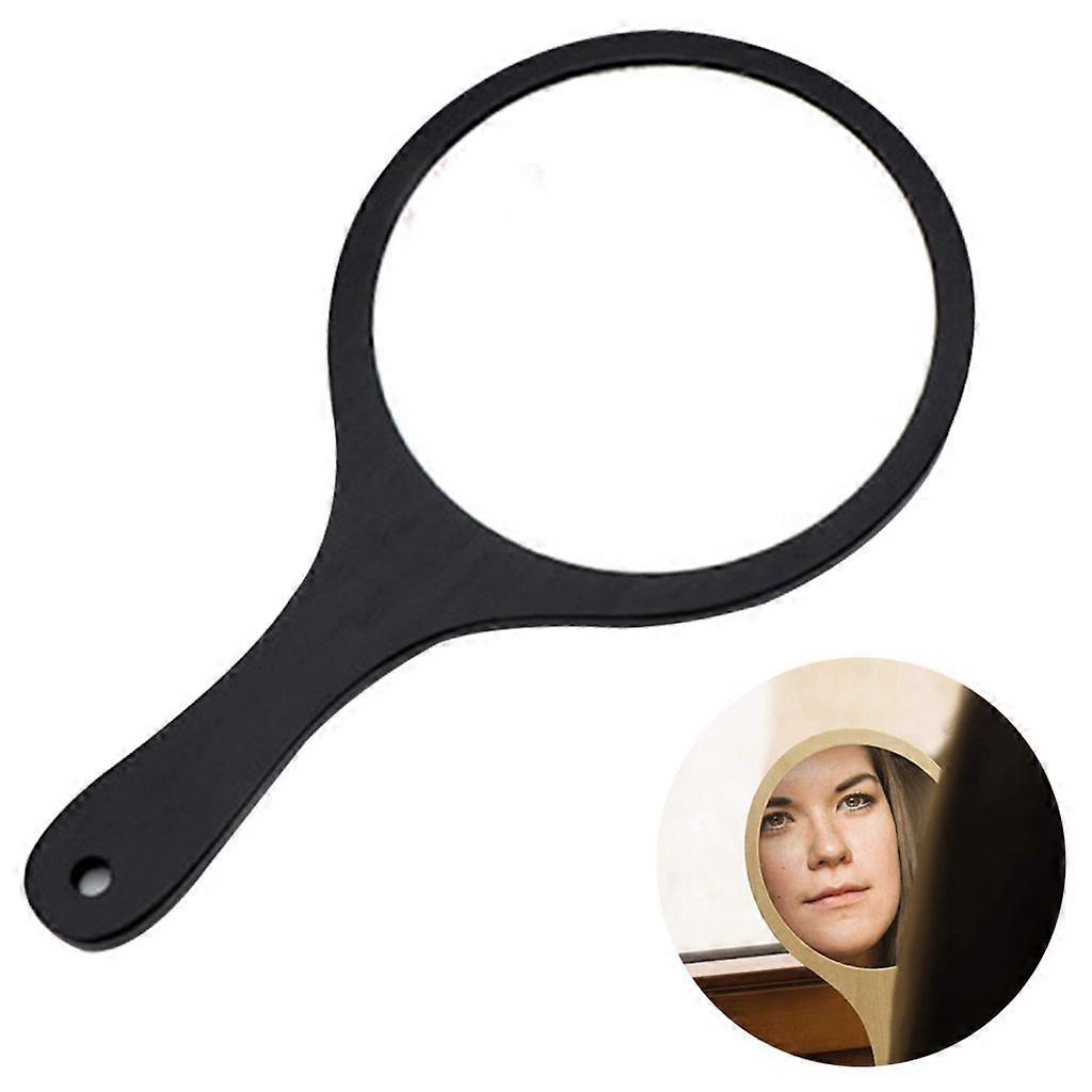Black wooden handle round hand mirror, salon use for makeup/haircut/shaving