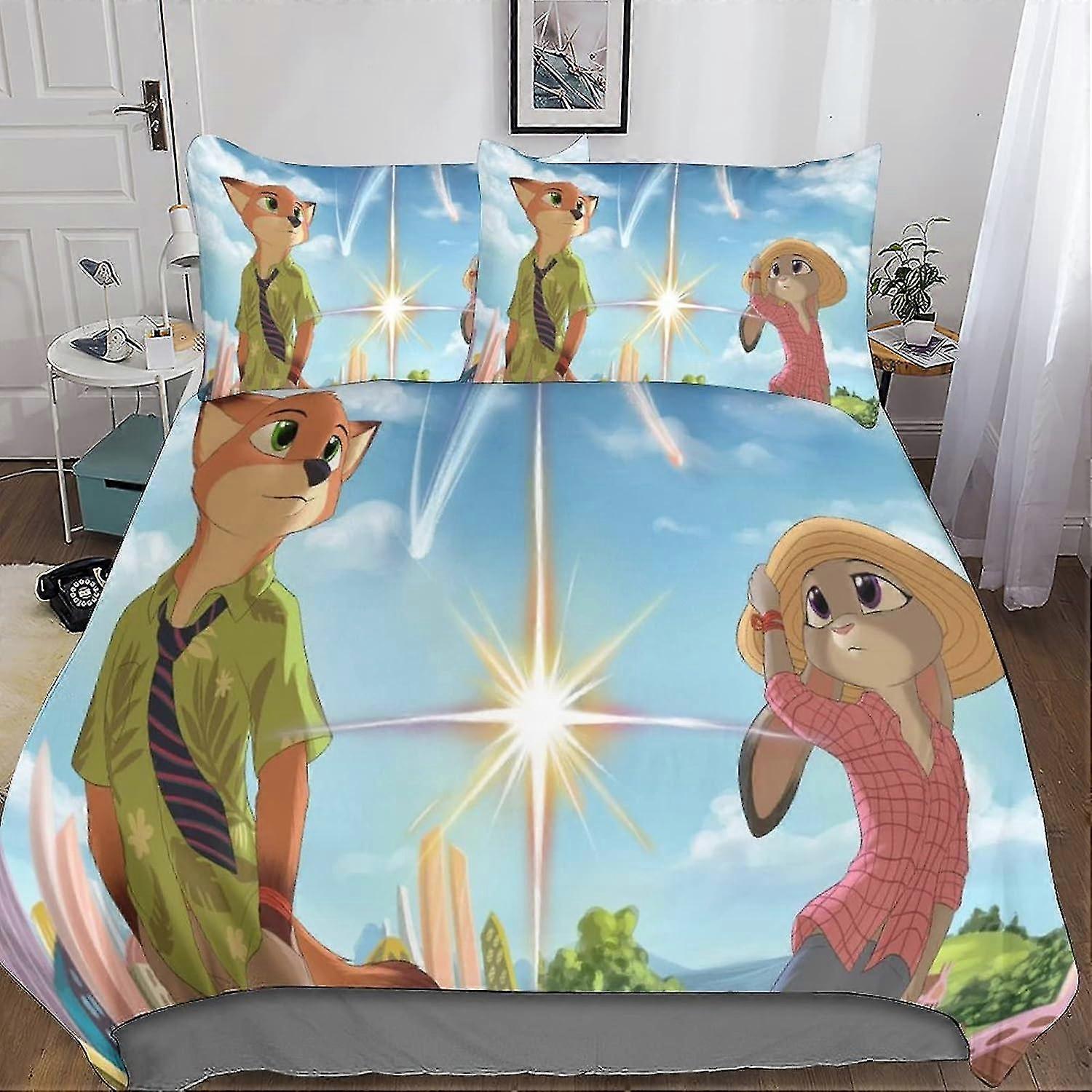 3D Bedding Set with Zootropolis Print featuring Rabbit and Fox, Soft Microfiber Duvet Cover with Pillowcases, 3 Pieces