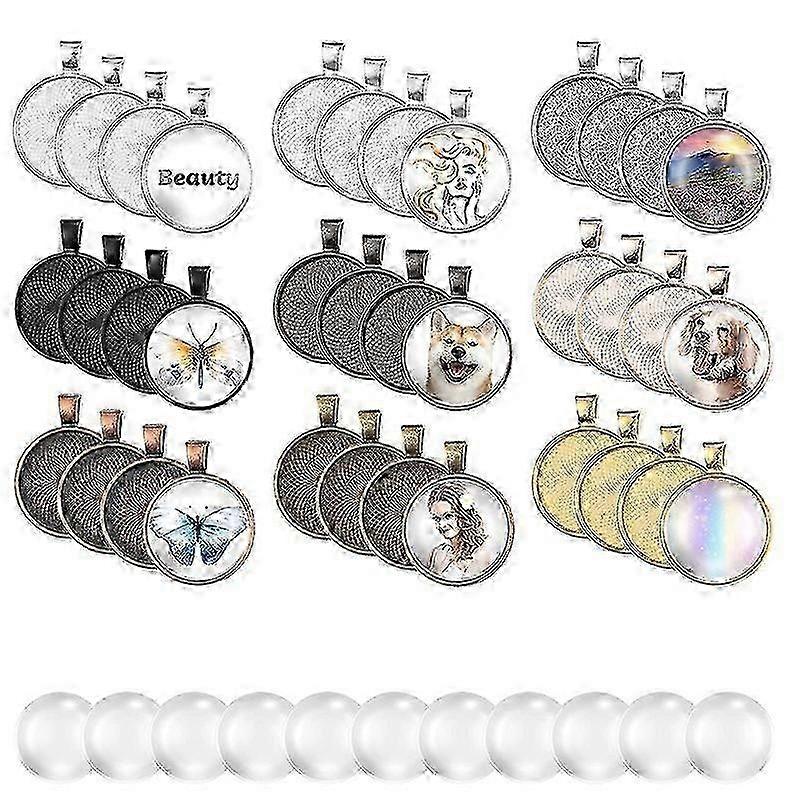 72 Pcs Sublimation Pendant Trays Set, 36 Pieces 9 Colors Round Bezel Blanks with 36 Transparent Glass Cabochons jn