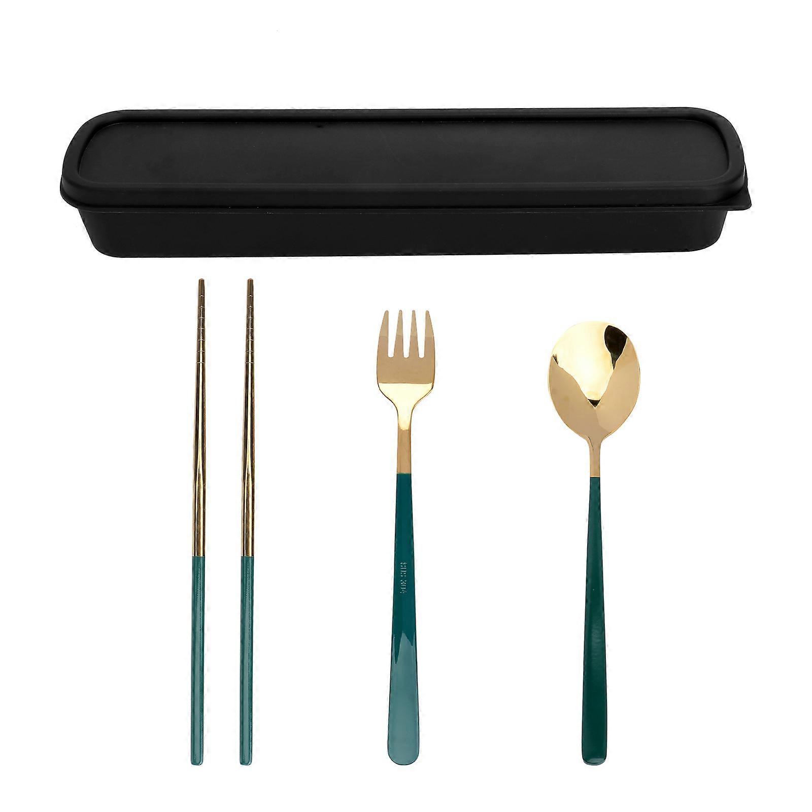Portable Stainless Steel Tableware Set with Spoon, Fork & Chopsticks – Heat Insulating Handles, Includes Storage Box for Picnics and Restaurants,