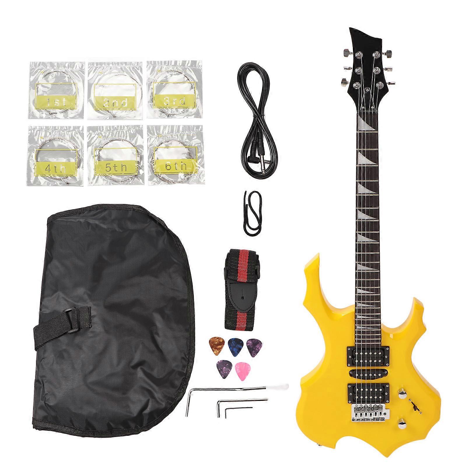 Electric Guitar 24 Fret Yellow Flame Shaped Electric Guitar Beginner Kit with Picks Strings Handle Strap