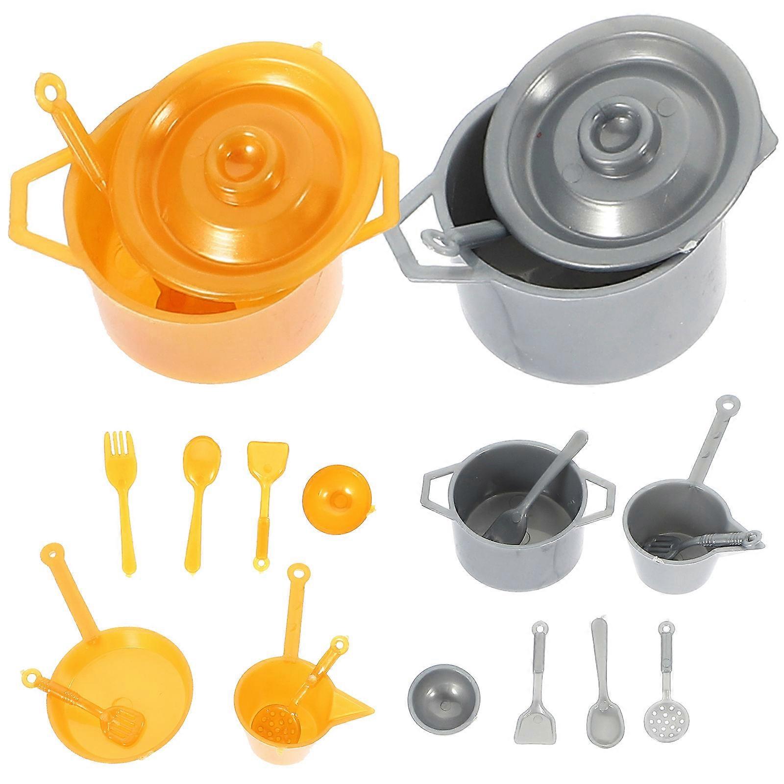 Assorted Color Miniature Kitchen Tableware Set for Kids with Detailed Plastic Mini Fork Spoon Pot 2 Sets