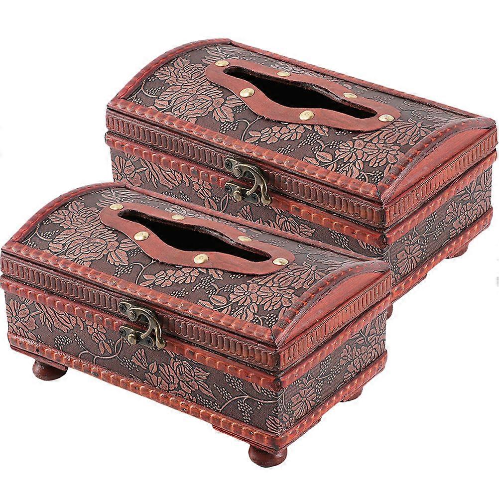 Wood Tissue Box Retro Pattern Tissue Holder 2Pcs European Style Decorative Home Office Storage