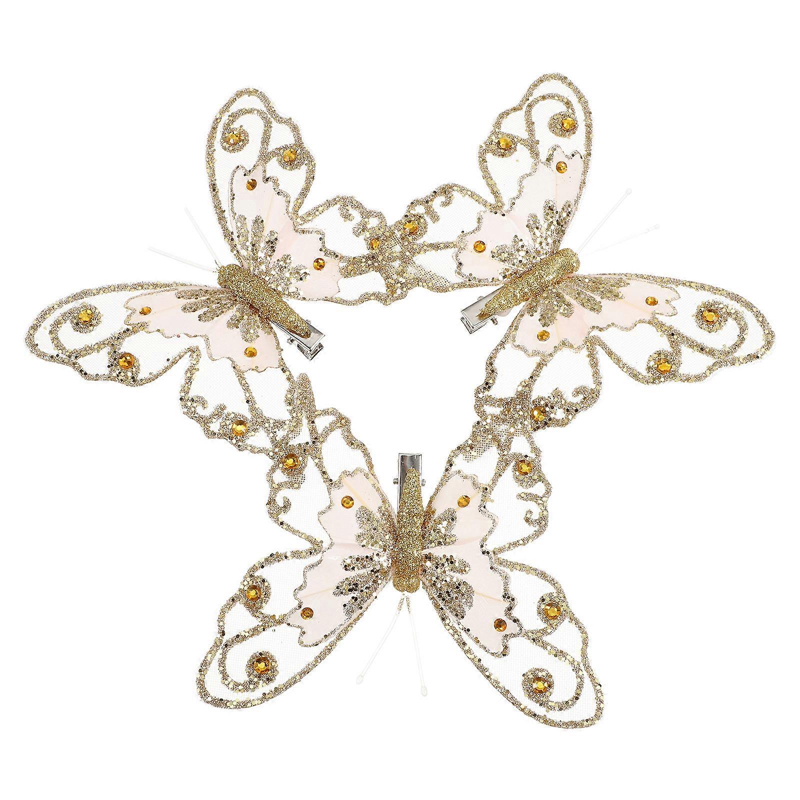 3pcs Glittery Monarch Butterflies for Christmas Tree, Wedding Wreaths & Floral Arrangements – Realistic Design with Flexible Clips for Festive Decor