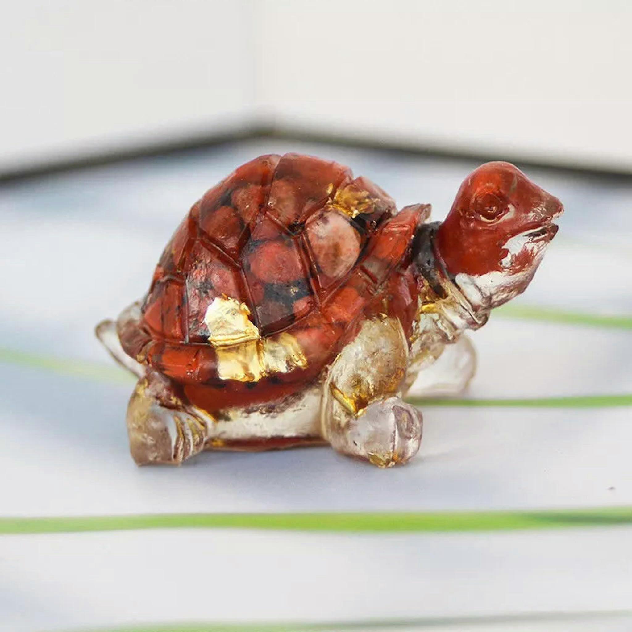 Natural Red Jasper Quartz Crystal Pebble Longevity Turtle Resin Animal Statue
