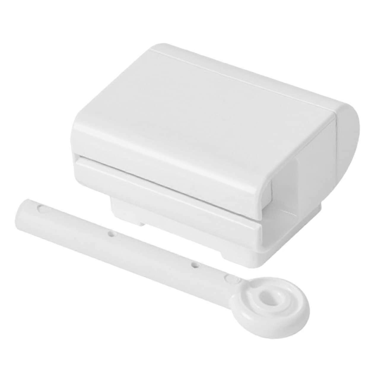 Wallmounted toothpaste dispenser with removable squeezer, durable, reduces waste.
