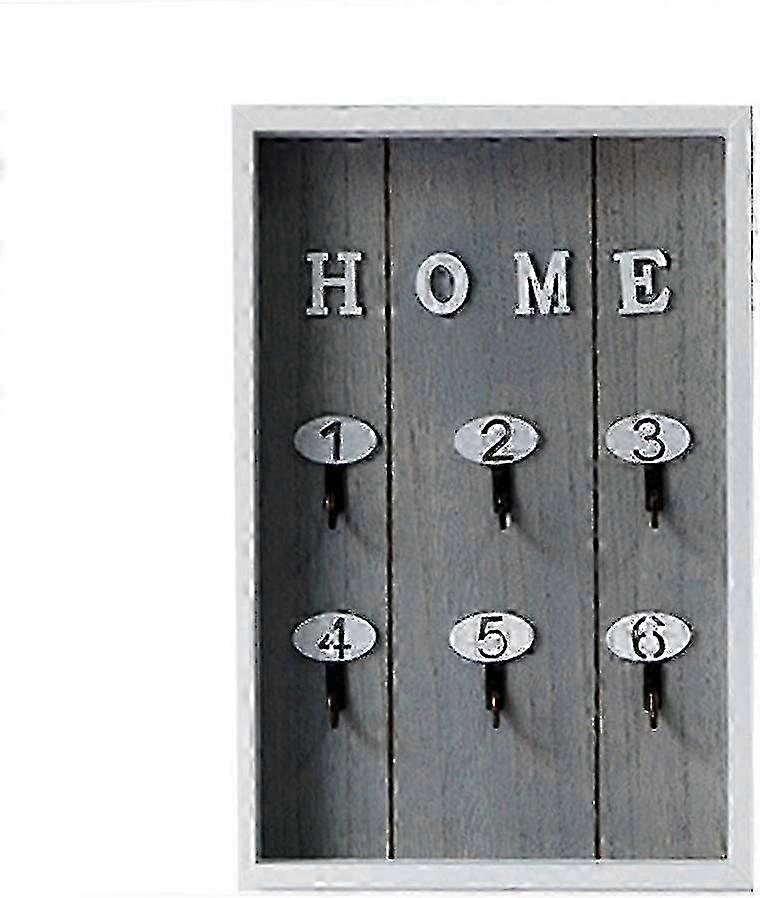 Wooden Wall Key Box With 6 Hanging Key Hooks Gray