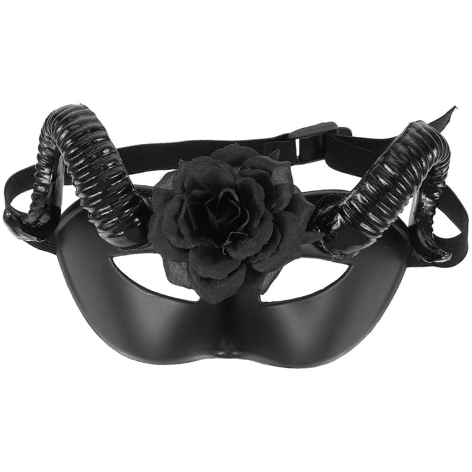 Halloween Half Face Mask with Ram Horns & Floral Design for Men – Unique Costume Party, Spooky Event & Cosplay Accessory with Detachable Features