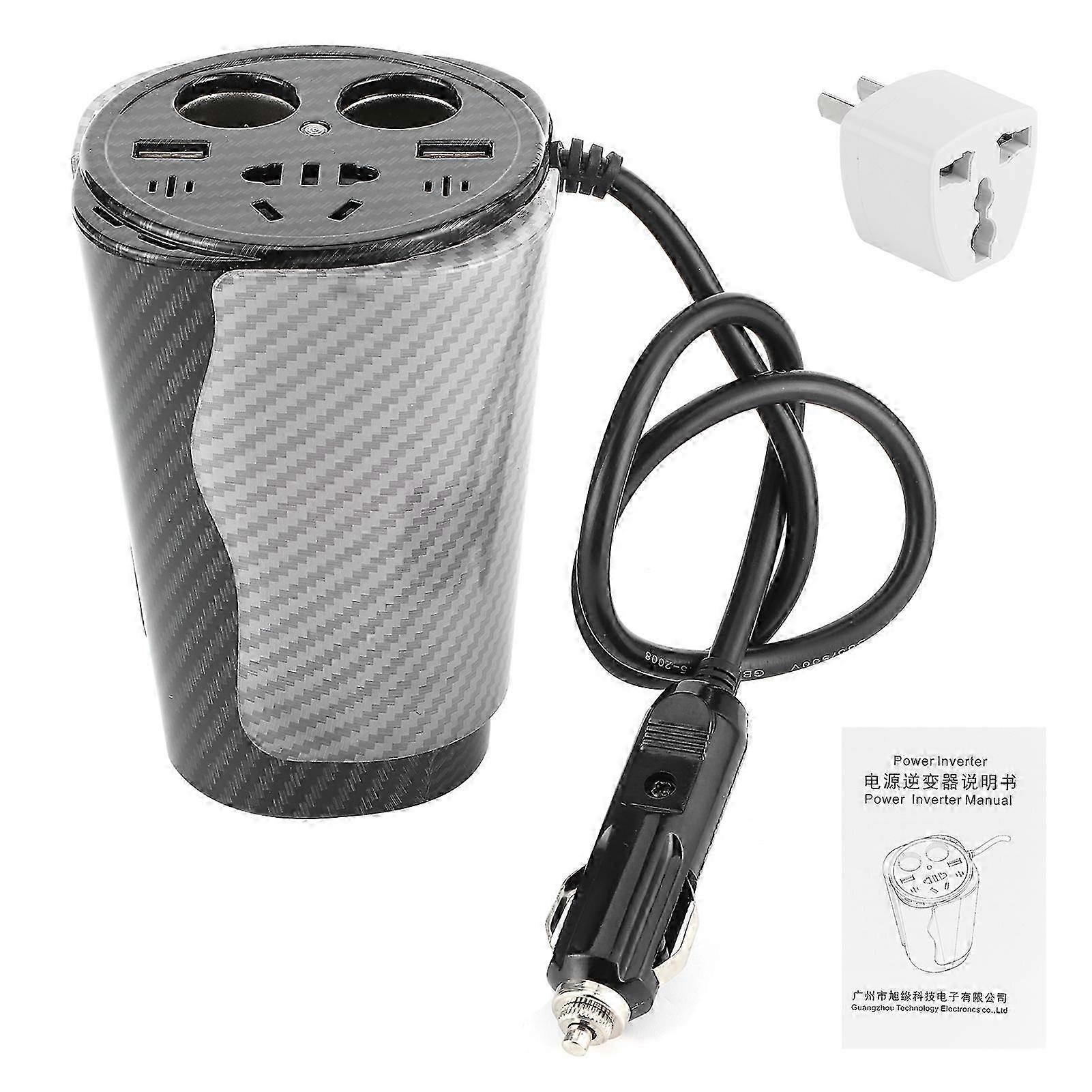 Car Inverter 12V to 220V LED Power Converter Cup Carbon Fiber Type Modified Sine Wave Auto Charger with 220V/10A Plug