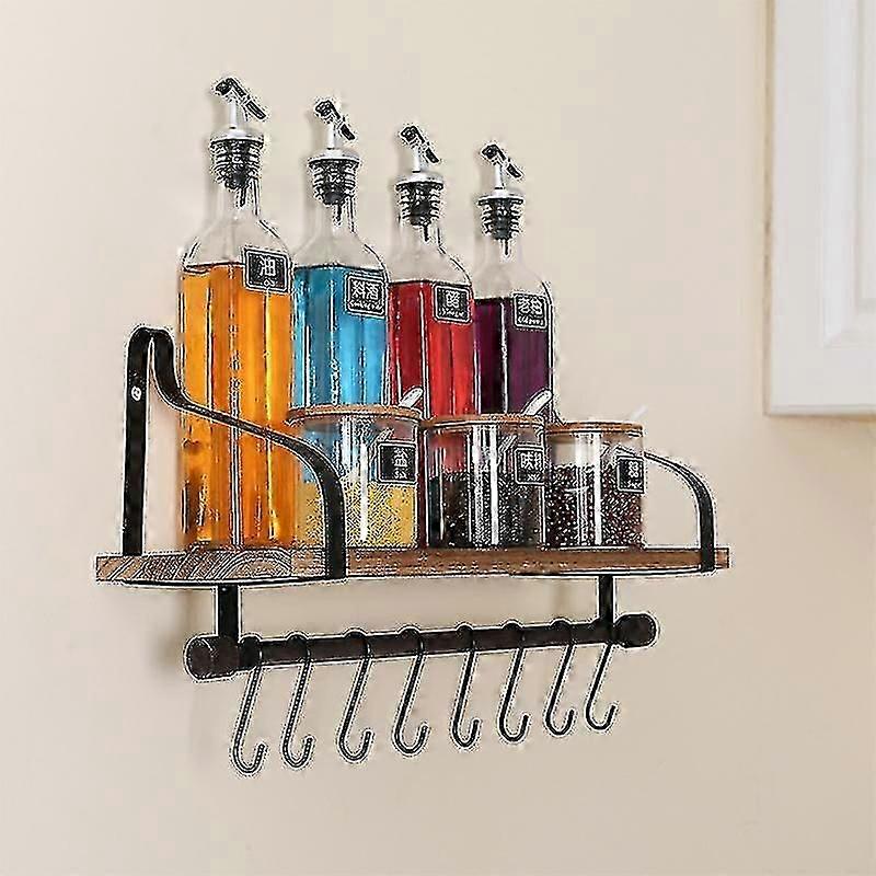 Rustic wall shelf for coffee mugs, floating kitchen organizer with hooks