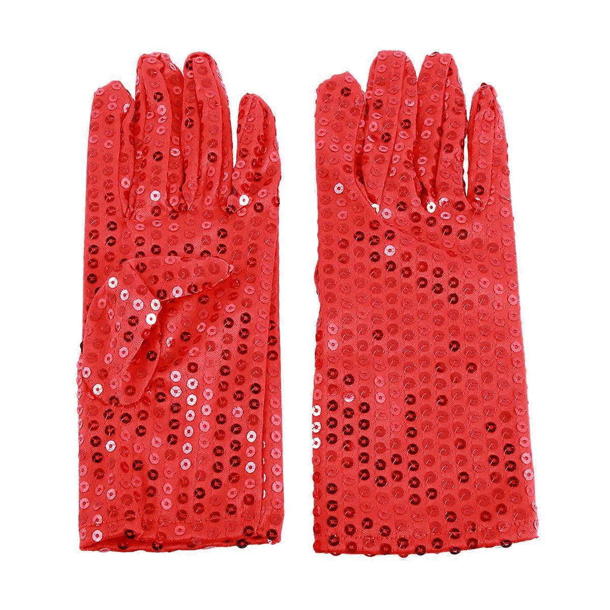 Red Sequin Costume Gloves for Adults 3Pcs Wrist Length Short Gloves