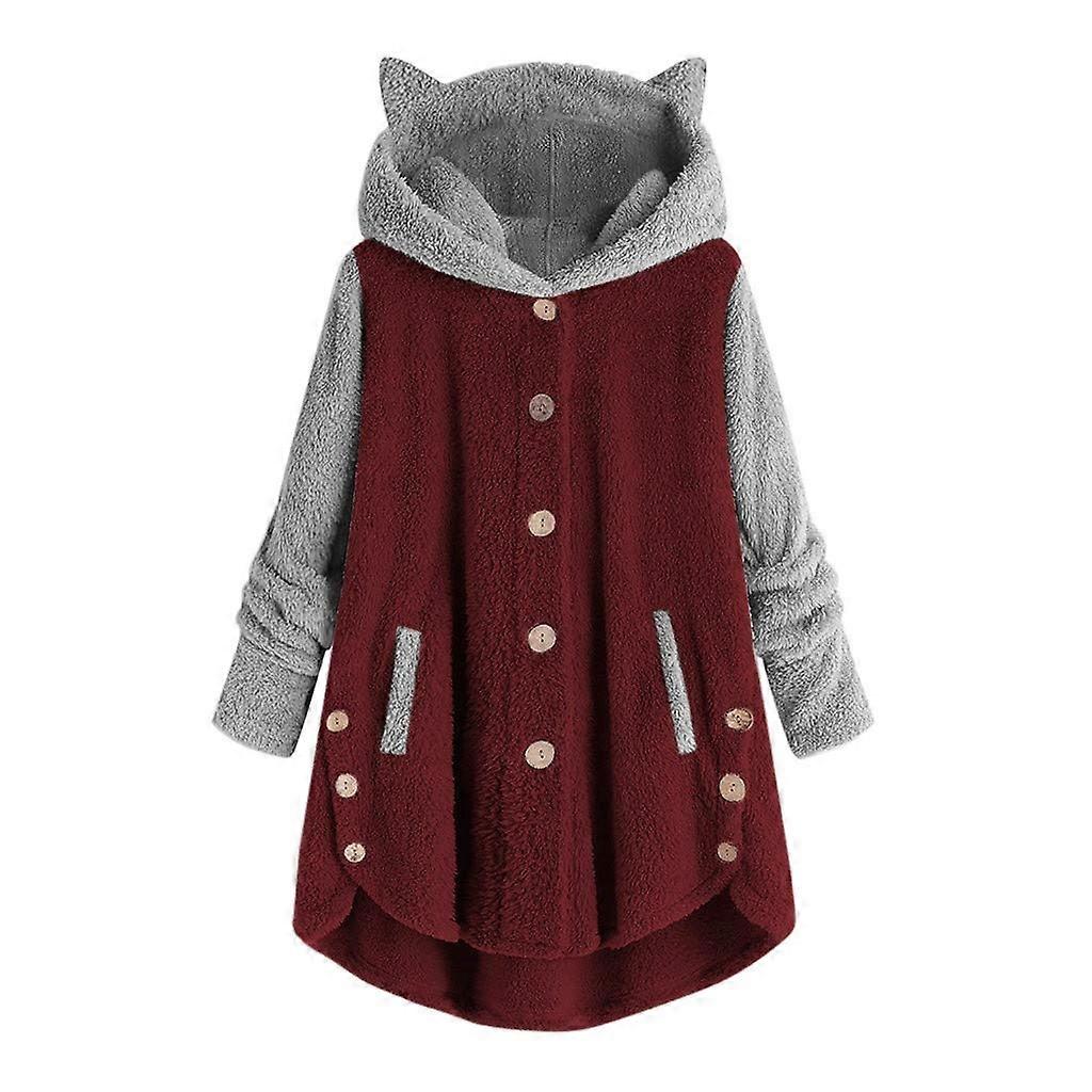 Women's fleece-lined hooded coat with button closure, winter warmth, cardigan.  Red XL