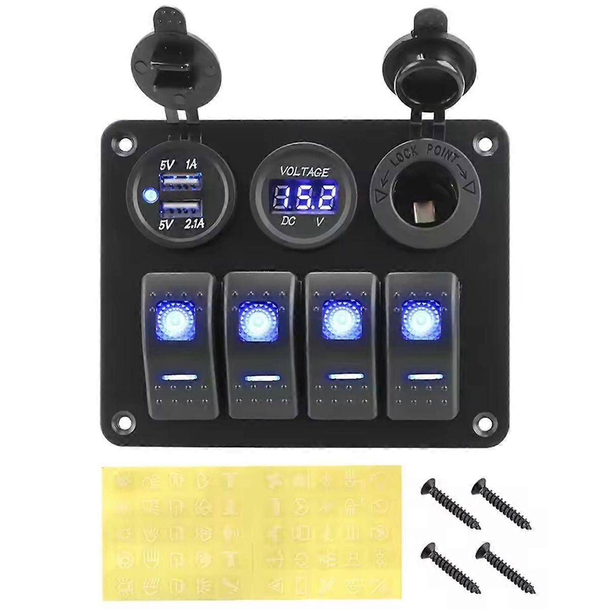 4 Gang LED Rocker Switch Panel with 12V/24V DC Dual USB Digital Voltmeter Circuit Breaker Interior A