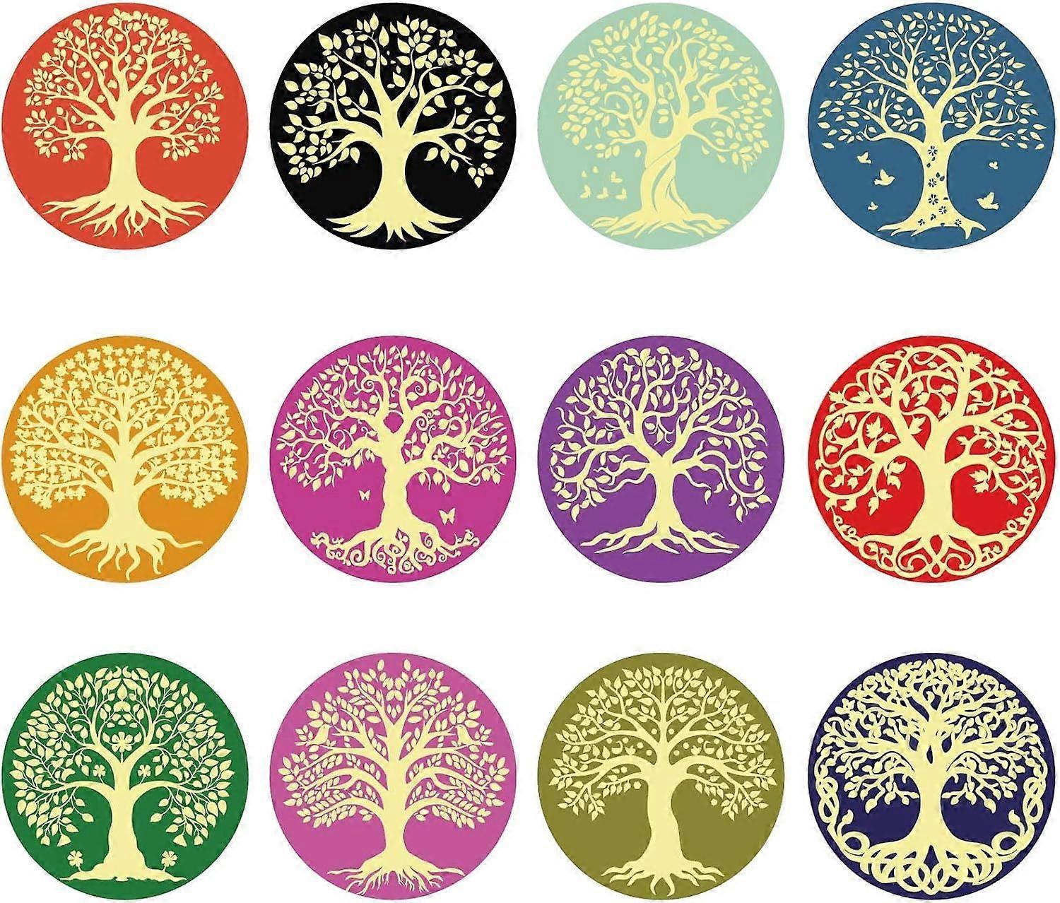 120Pcs 12 Styles Tree of Life Gold Foil Sticker 2In Trees Colorful Stickers Embossing Paster Self Adhesive Round Label for Envelope Gift Card Scrapboo