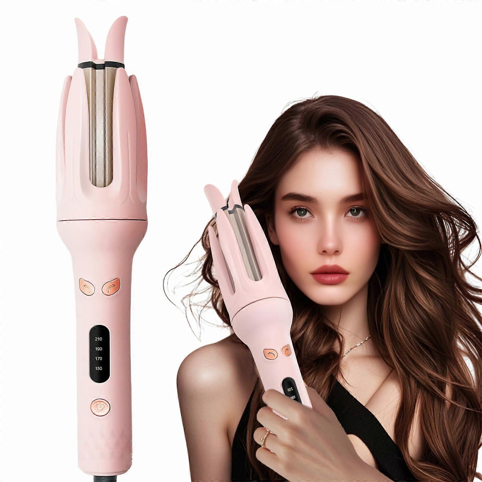 Automatic Hair Curler with Fast Heating 40s, 4 Temp Settings, Negative Ion Rotating Curling Iron Pink