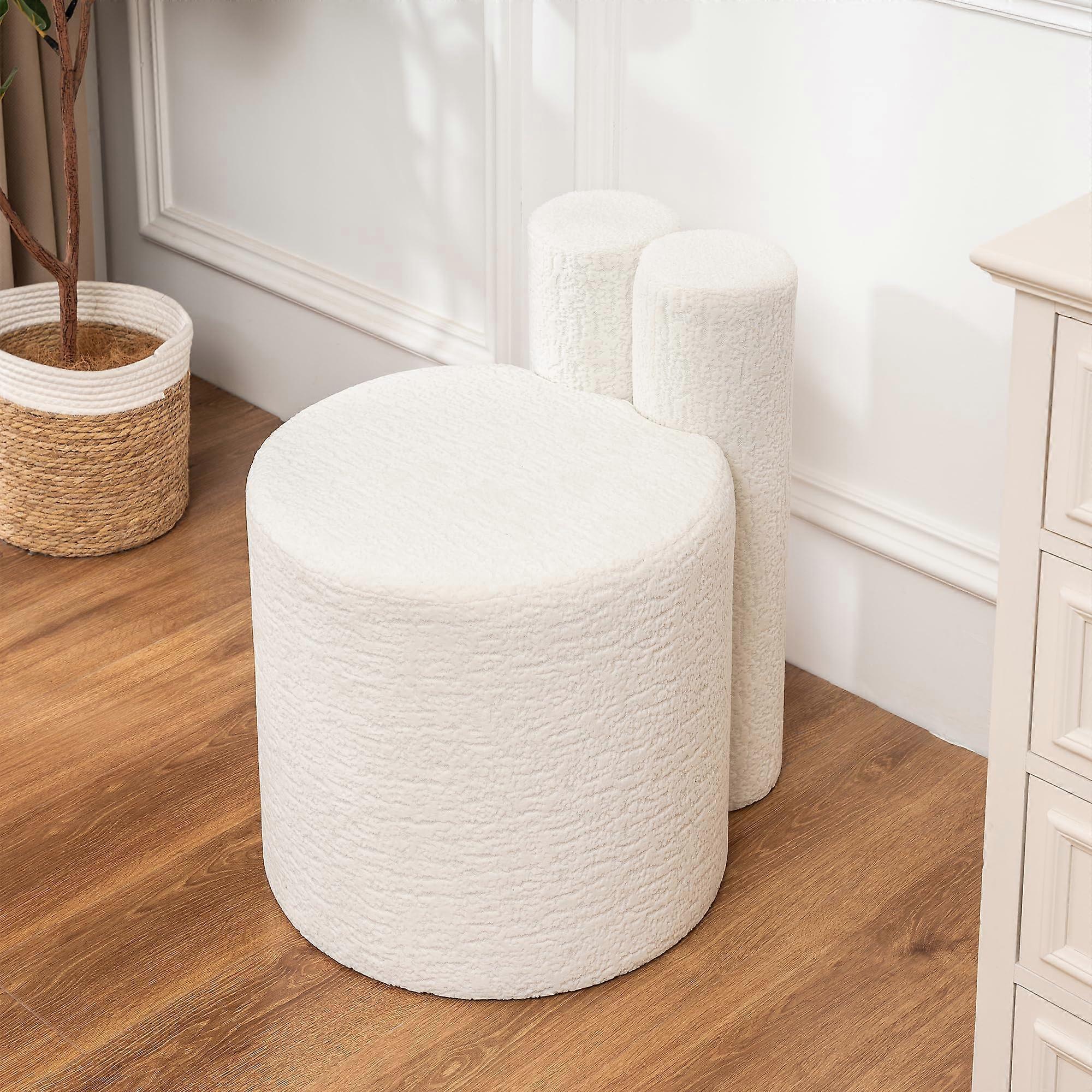 Modern Round Ottoman Footstool with Breathable Velvet, Solid Wood Frame and Plush Cushion, White