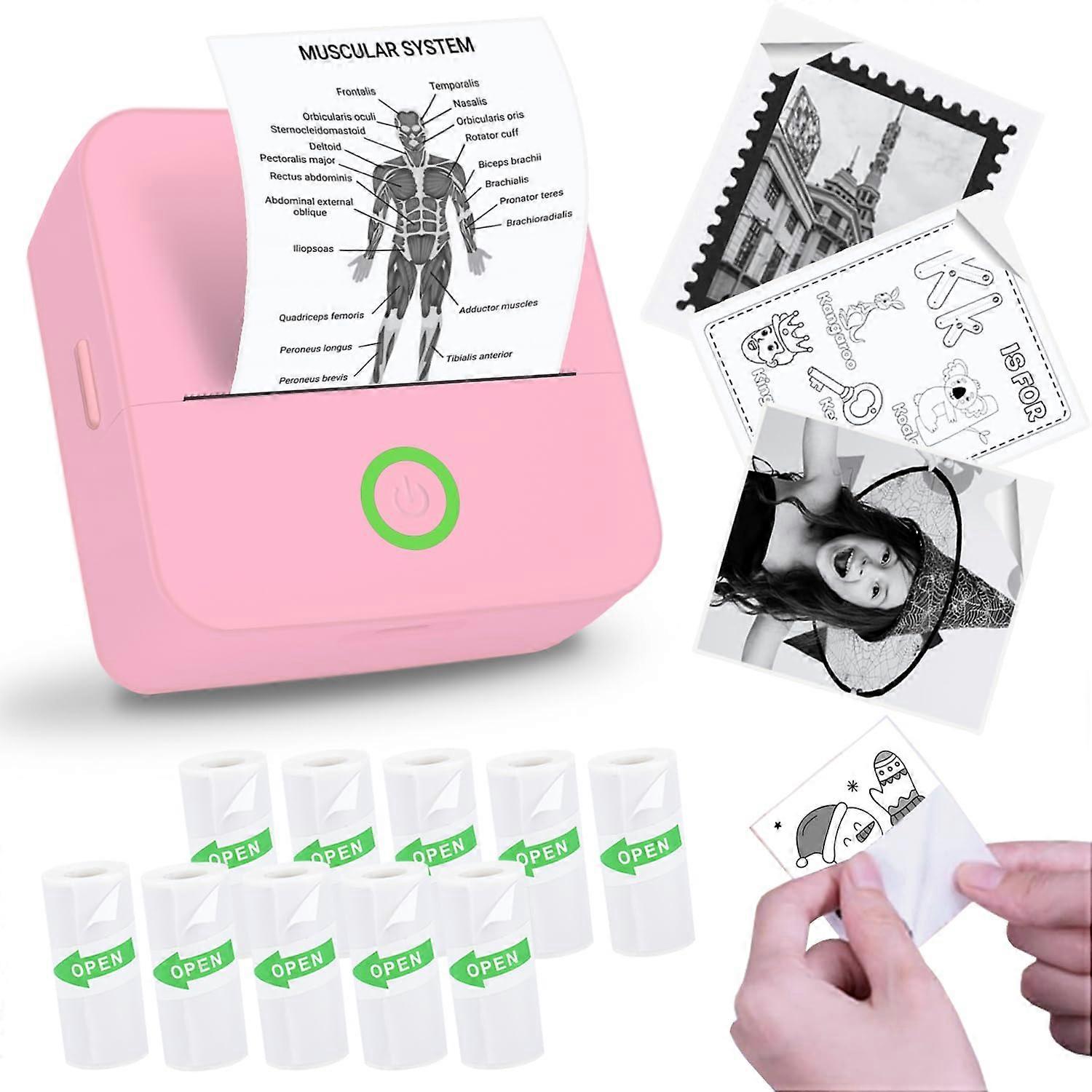 Mini Thermal Sticker Printer with Bluetooth, Inkless Printing, 10 Paper Rolls, Compatible with iOS and Android, Pink