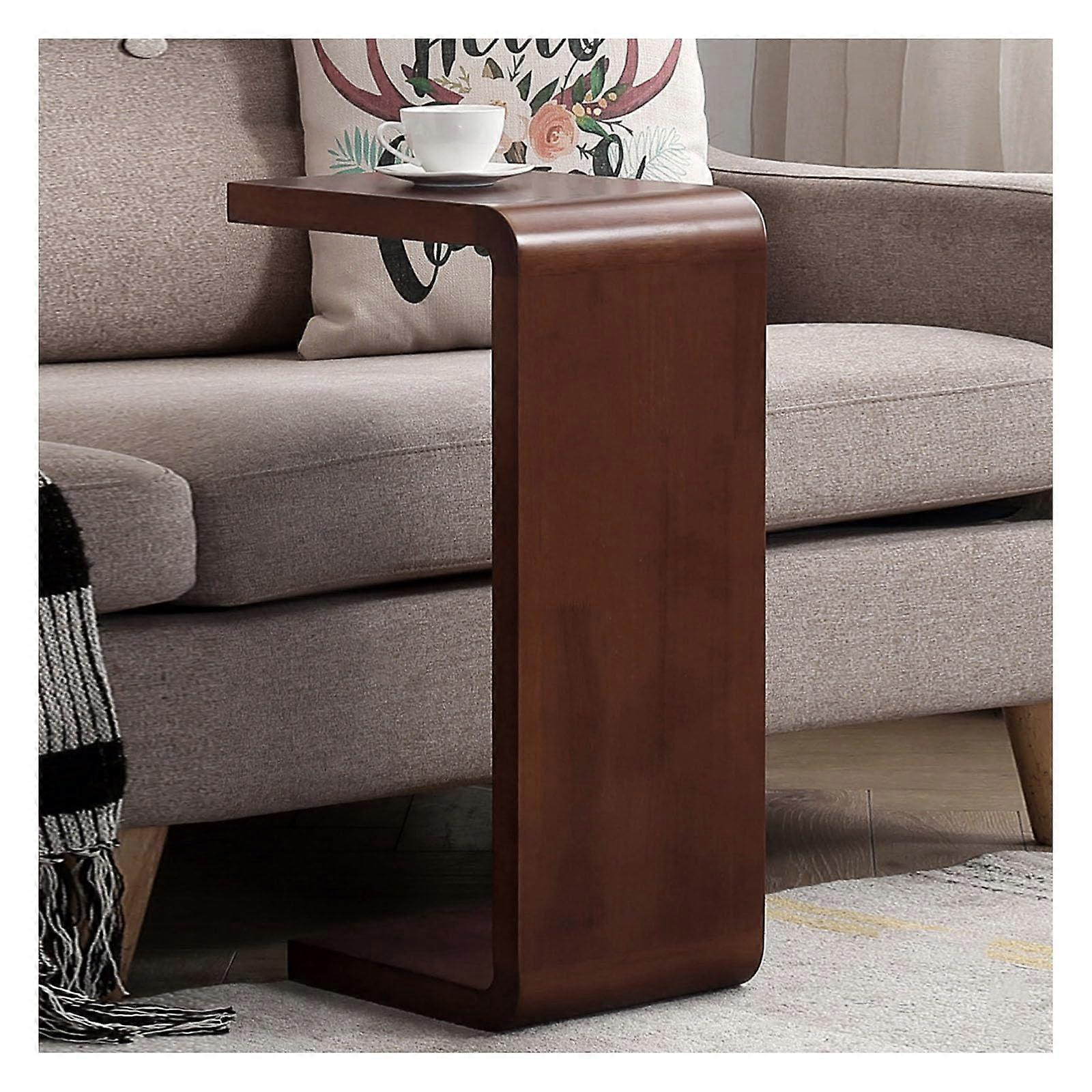 C Shaped Side Table Solid Oak End Table SpaceSaving Sofa SlideIn for Living Room Bedroom Brown 27.2″