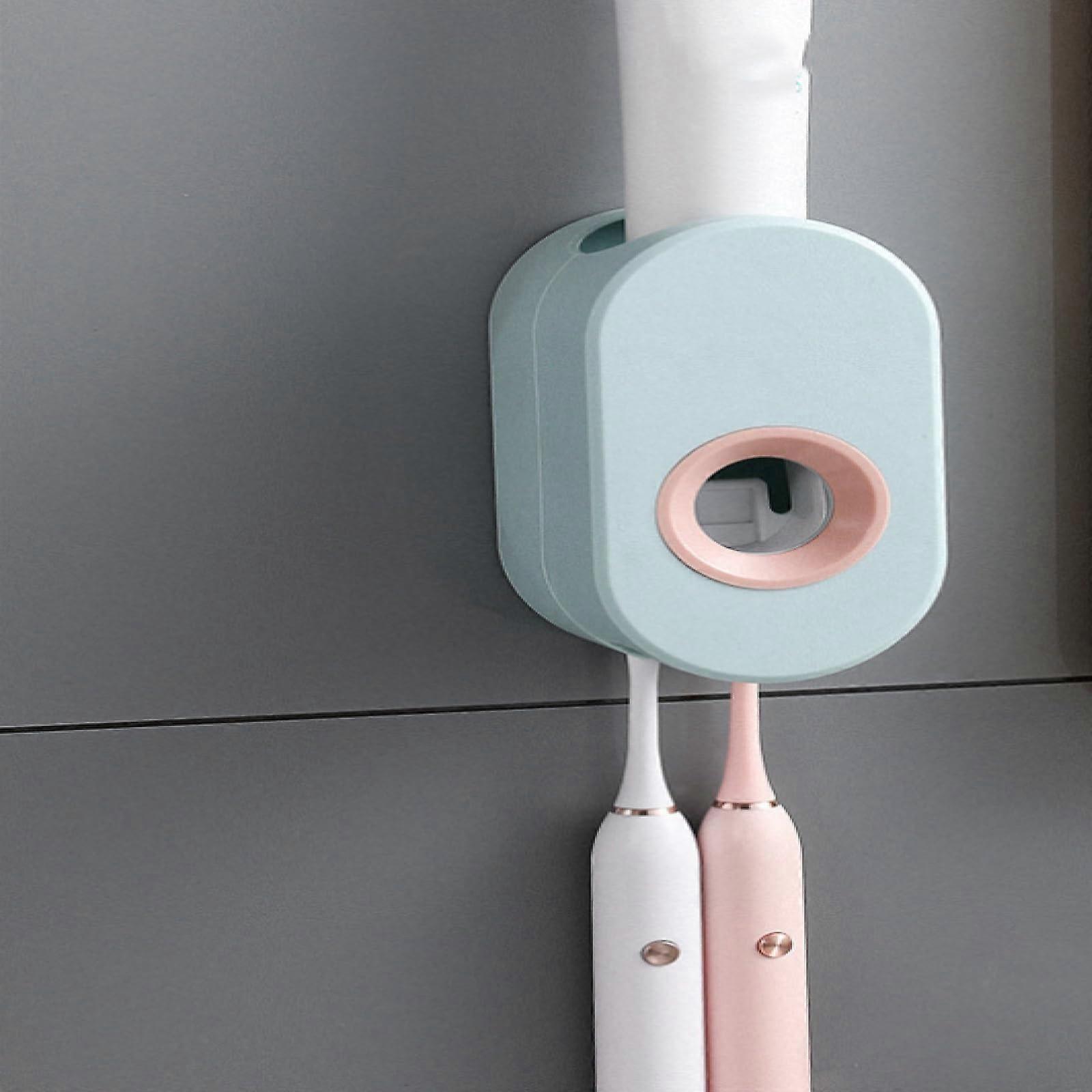 Automatic Toothpaste Dispenser Wall Mounted with Toothbrush Holder NoDrill Bathroom Sky Blue