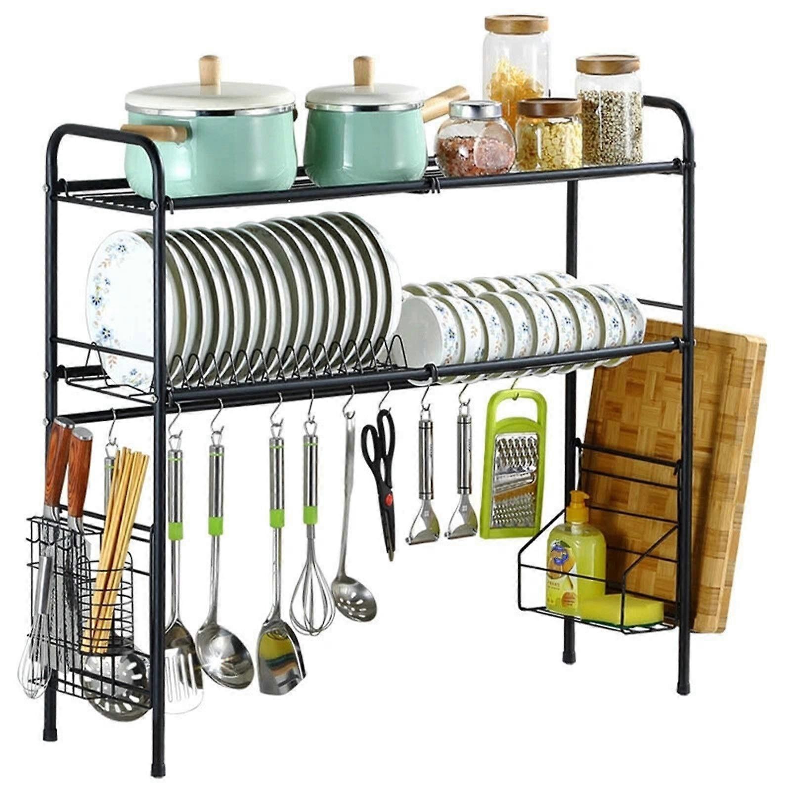 83cm Over Sink Dish Drying Rack Black, 2 Tier SpaceSaving Kitchen Dish Rack with Utensil Holder