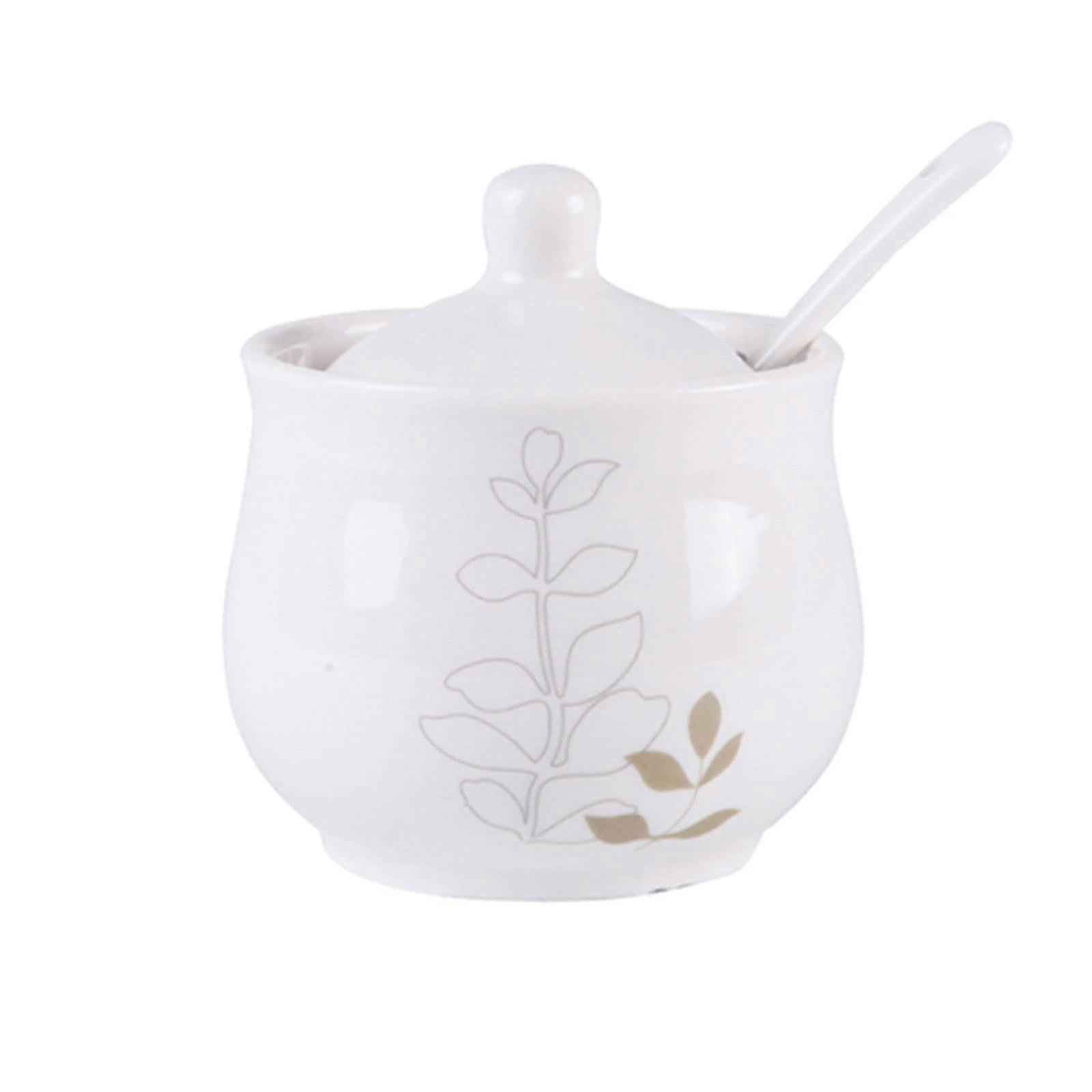 Sugar Bowl with Lid and Spoon, Ceramic Sugar Container 200ml White Jar for Kitchen Storage