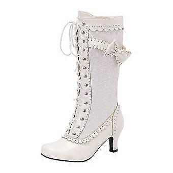 Women's Over the Knee Combat Boots White  Heel with Bow Tie and Comfort Insole Size 4 UK