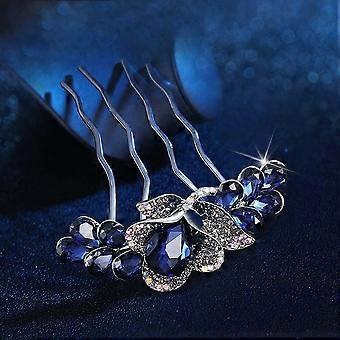 Flor Floral Pentes de Cabelo Nupcial Casamento Cabelo Cristal Strass Mulheres Pentes Laterais de Cabelo Tulipa Pentes de Cabelo Festa Baile de Cabelo Jóias (Azul)