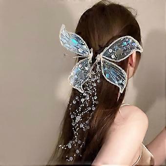Fermagli per capelli a forma di farfalla con perline blu scintillanti, accessori per capelli da fata con nappe e perline, fermagli a forma di ala di farfalla, mollette per capelli da donna per ballo di fine anno e Halloween.