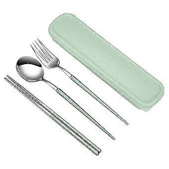 3 Pcs 304 Stainless Steel Tableware Set Portable Chopsticks Spoon Fork Set Outdoor Camping Cutlery Set Travel Dinnerware with Case for Adults (Green)