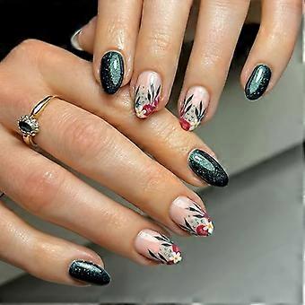 24 Pcs Short Almond Press On Nails Dark Green Fall Fake Nails with Glitter Flower Designs