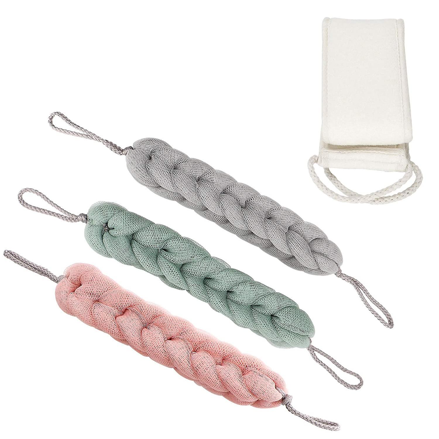 3パックロングバスヘチマ伸縮性編組メッシュエクスフォリエイティングヘチマバックスクラバーボールボディバスシャワースポンジ3色(3 xバススポンジ+ 1エクスフォリアット