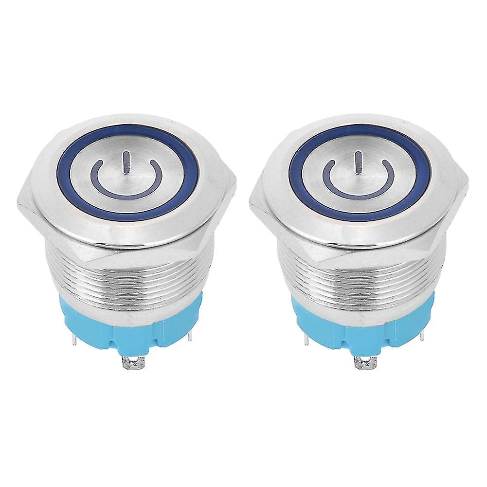 2PCS Blue 22mm Flat Head Push Button Switch - 3-6VDC, 4 Pin with Power Light Indicator