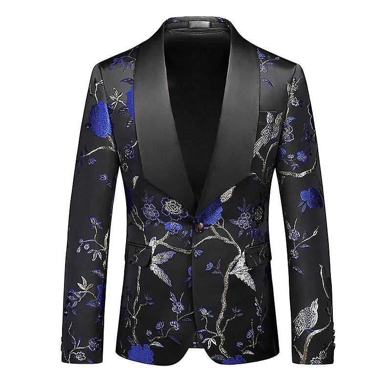 Stylish Men Suit Jacket Blazer One Button Slim Fit Long Sleeve Jacket Blue