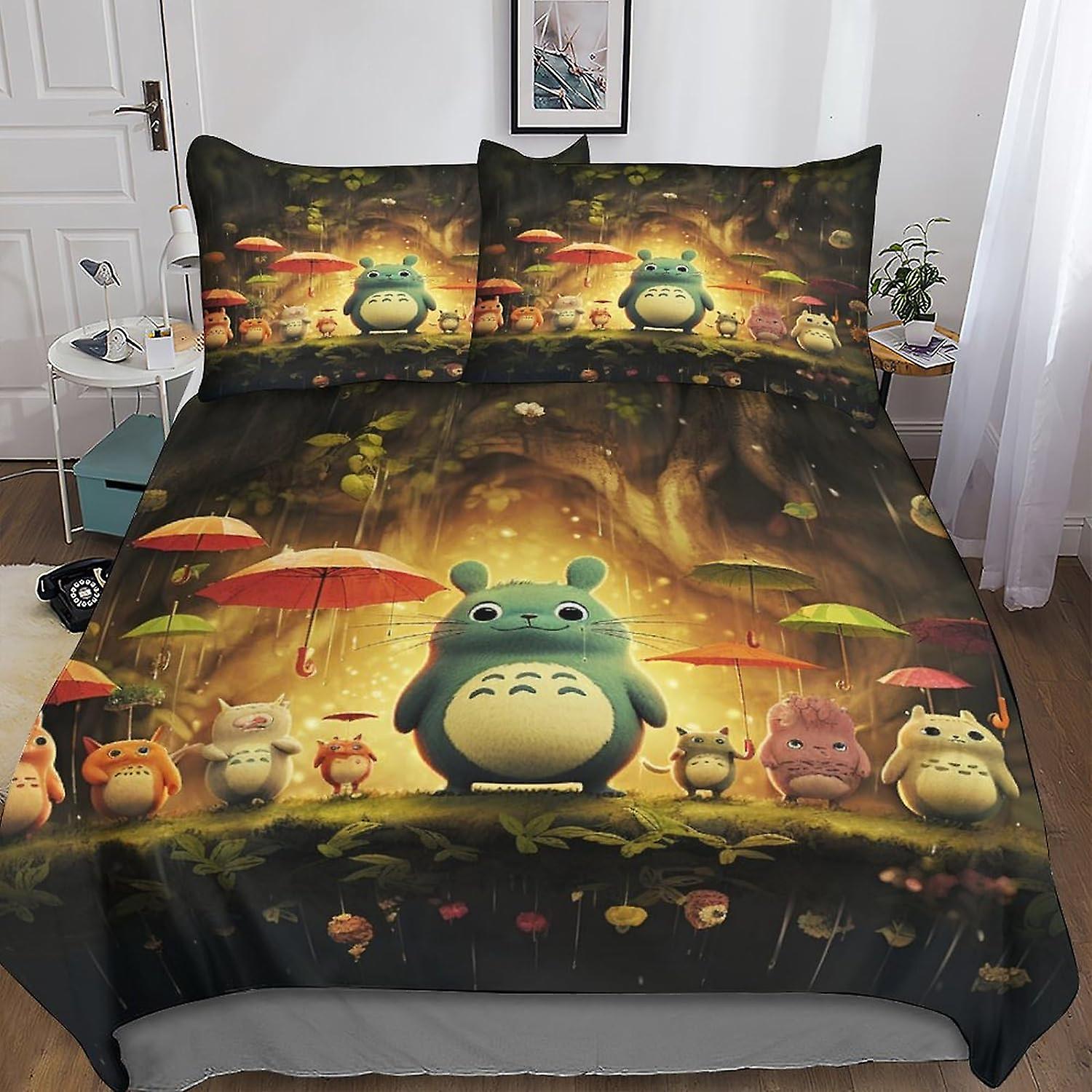 Totoro Trendy Quilt Cover Set with Hidden Zipper Closure - Eye-Catching 3D Print Microfiber Anime Cartoon Bedding, 3-Piece Set with Pillowcases, Ideal