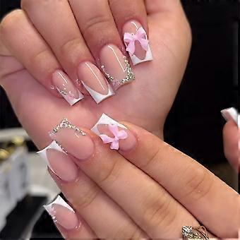 24 stk hvit fransk spiss trykk på negler korte firkantede falske negler rhinestones heldekkende spiss glitterpinne på negler rosa blomsterdesign lim på negler bue 