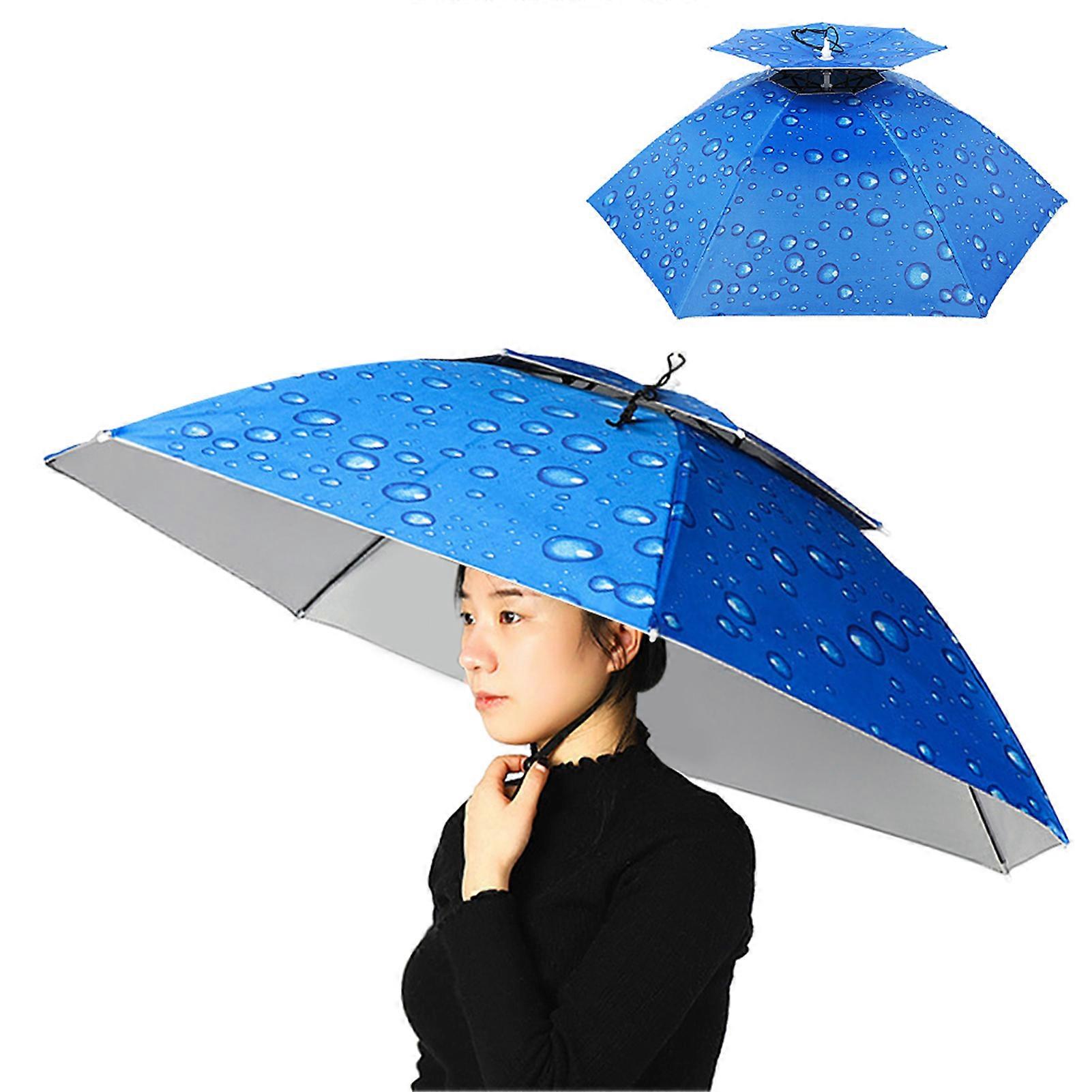Double Layer Umbrella Hat Women Men Folding Sun Rain Cap with Adjustable Head Band for Fishing Camping Hiking