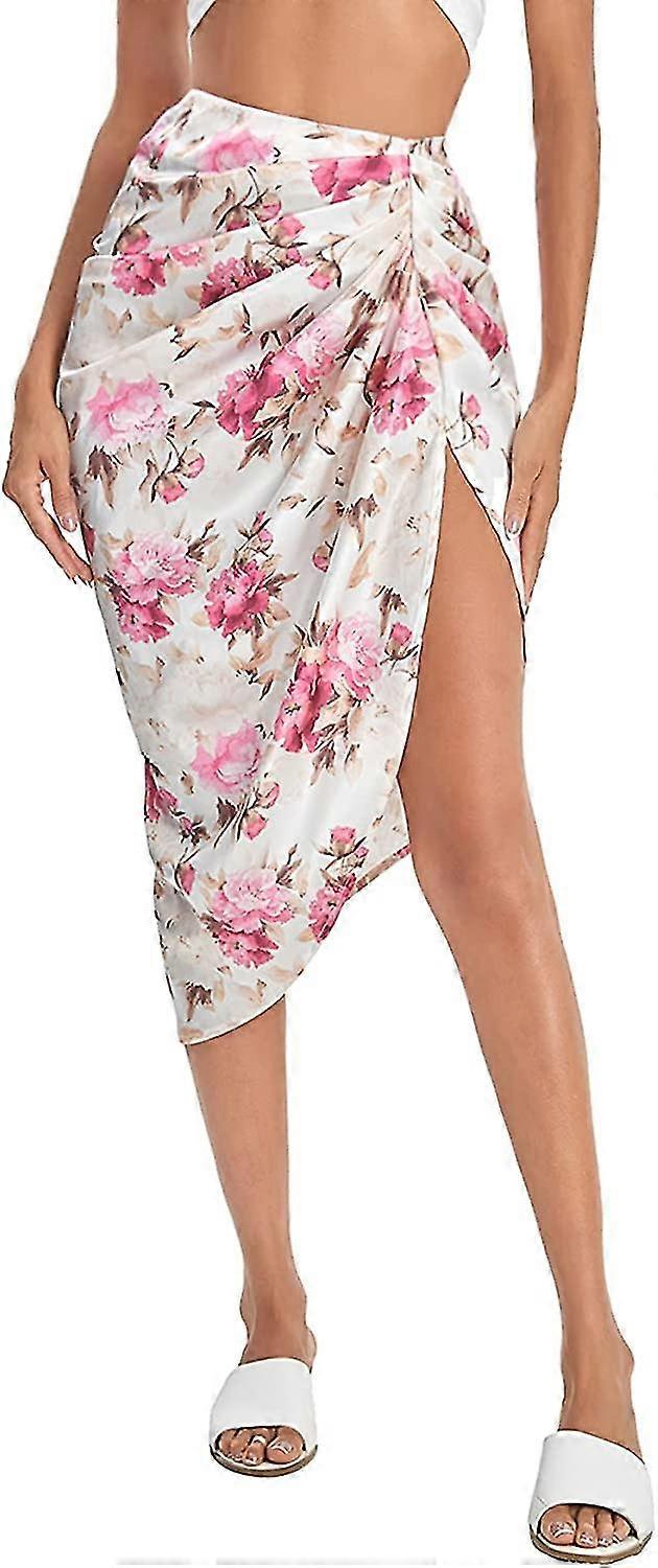 Femmes Boho Floral Print Split Thigh Satin Ruched Midi Jupe S-2XL