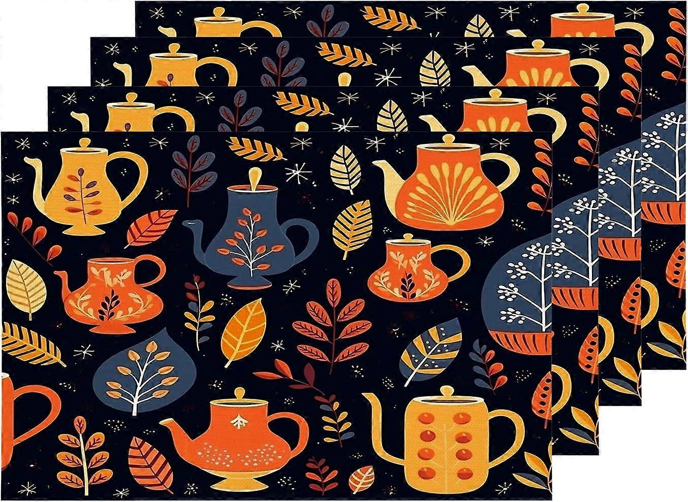 Thanksgiving Day Teapots Placemats, Teapots Jugs Fall Leaves Cartoon Table Mat Linen Burlap Washable Double-Deck Heat Insulation for Dining Table Kitc