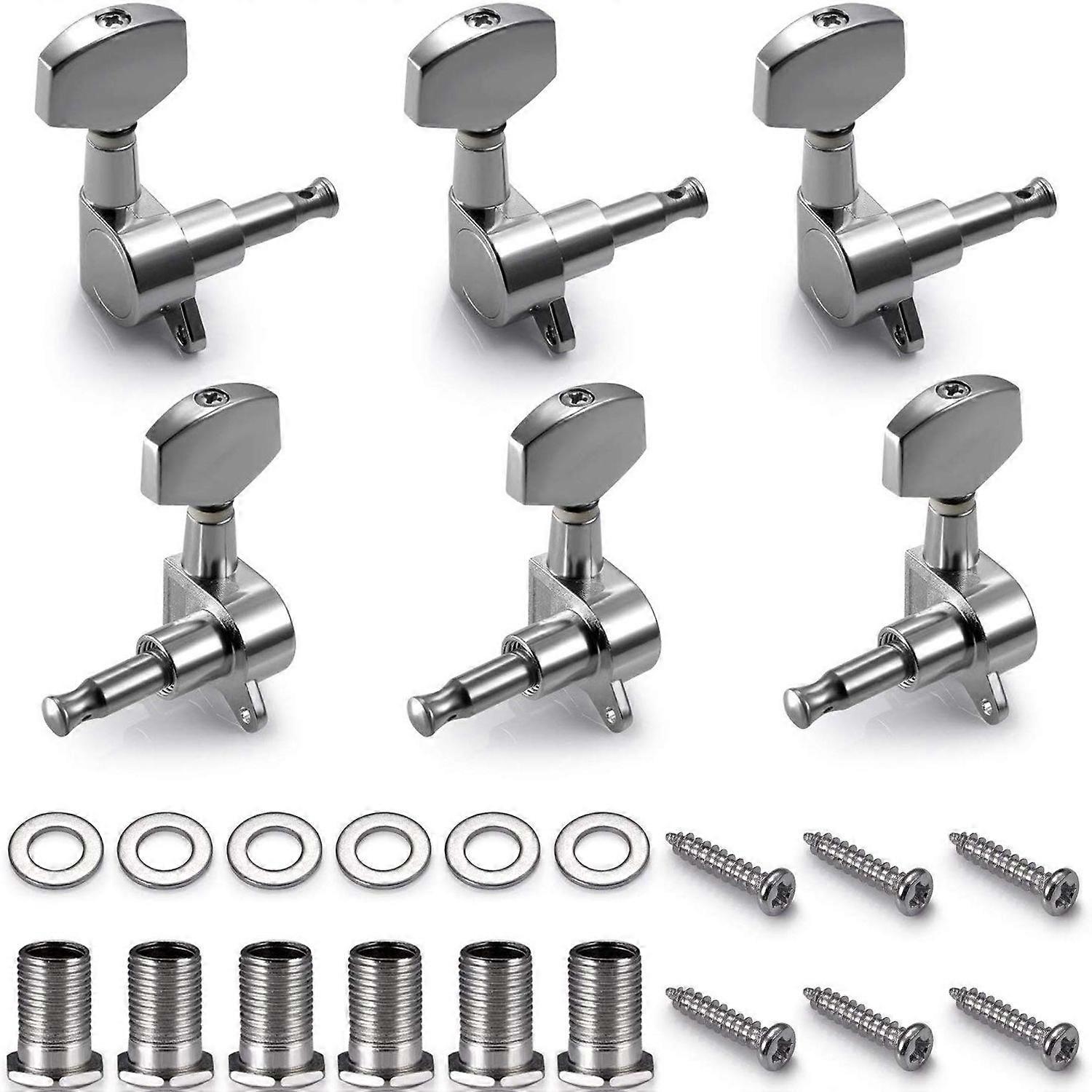 Guitar Tuning Pegs, 6Pcs 3L3R Chrome Mechanical Guitar Tuners for Folk Acoustic Electric Guitar, with 3 in 1 Guitar String Cutter and String Winder a