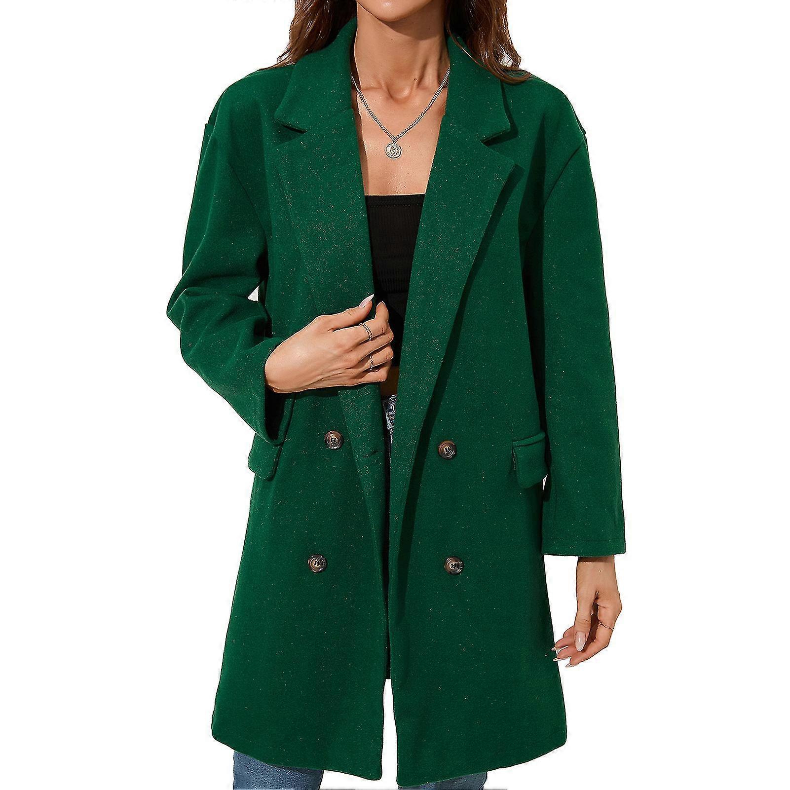 Green Women's Double Breasted Midi Length Coat with Turn Down Collar and Flap Pocket