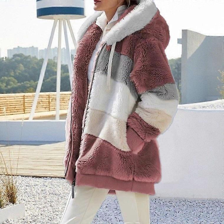 Womens Loose Plush Multicolor Fluffy Hooded Jacket Autumn And Winter