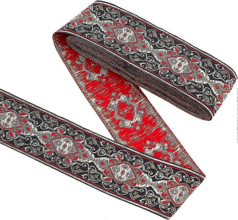 Ethnic Style Embroidery Polyester Ribbons Jacquard Ribbon Tyrolean Ribbon Garment Accessories Flower Pattern Red 1-7/8 inch(48mm) about 7.66 Yards(7m)