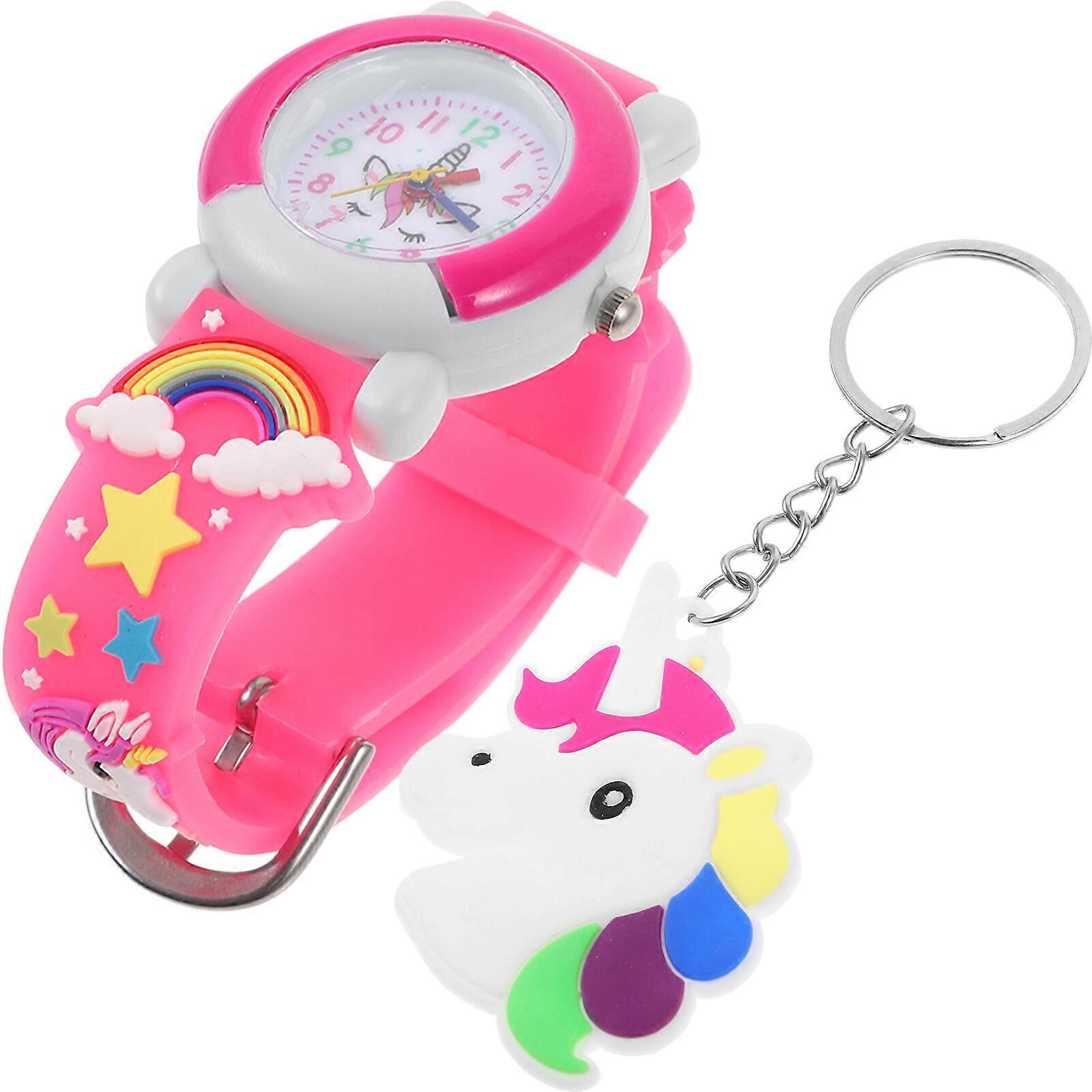 1 مجموعة لطيف ساعة الكرتون ووتش فتاة صغيرة ووتش أطفال ساعة محمولة مع سلسلة المفاتيح (ديناصور)