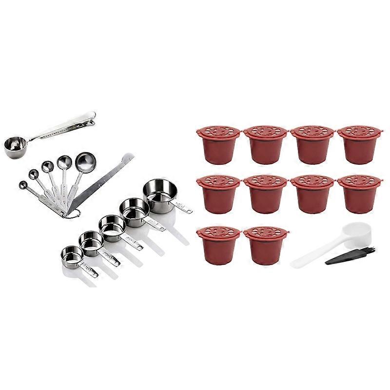 12PCS Measuring Cups and Spoon,5 Nesting Cups and 6 Stackable Spoons with 10PCS Coffee Capsule Filter