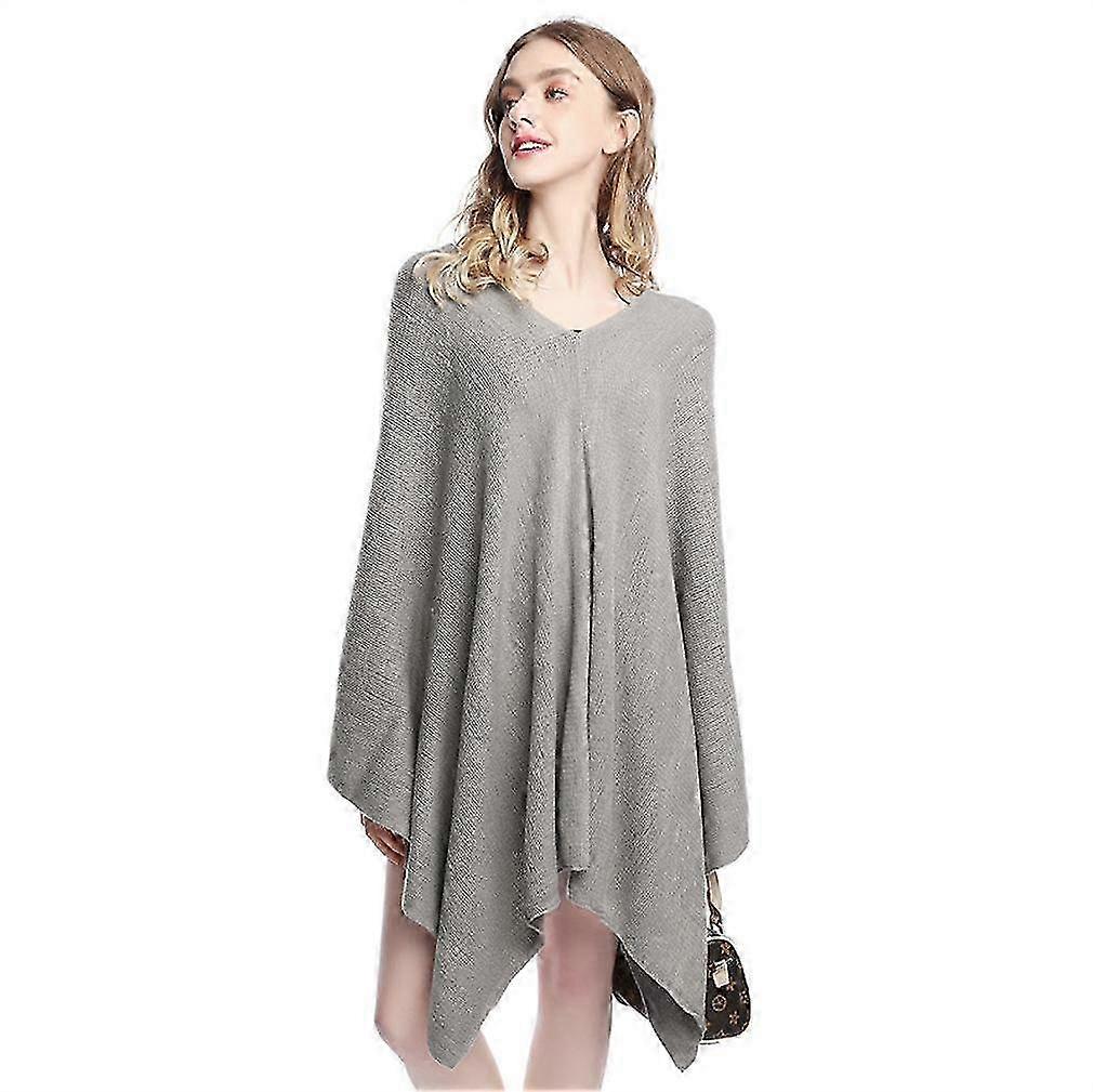 Spring Autumn Pullover Cape Loose Knitting Batwing Blouse Solid Grey Poncho for Lady
