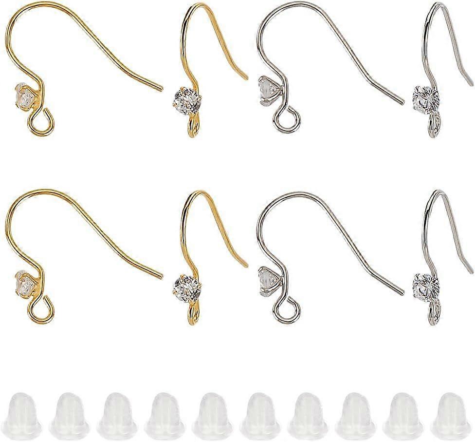 4 Pairs 925 Sterling Silver Earring Hooks with Clear Cubic Zirconia Golden Silver Earring Wire with Loops French Diamonds Earring Hooks with 50pcs Res