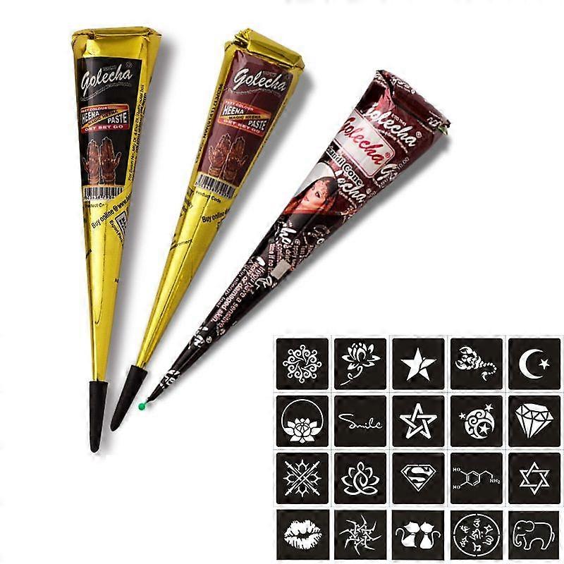 3pcs Fresh High Quality Dark Brown Natural Henna Mehndi Cone Temporary Tattoo with Template