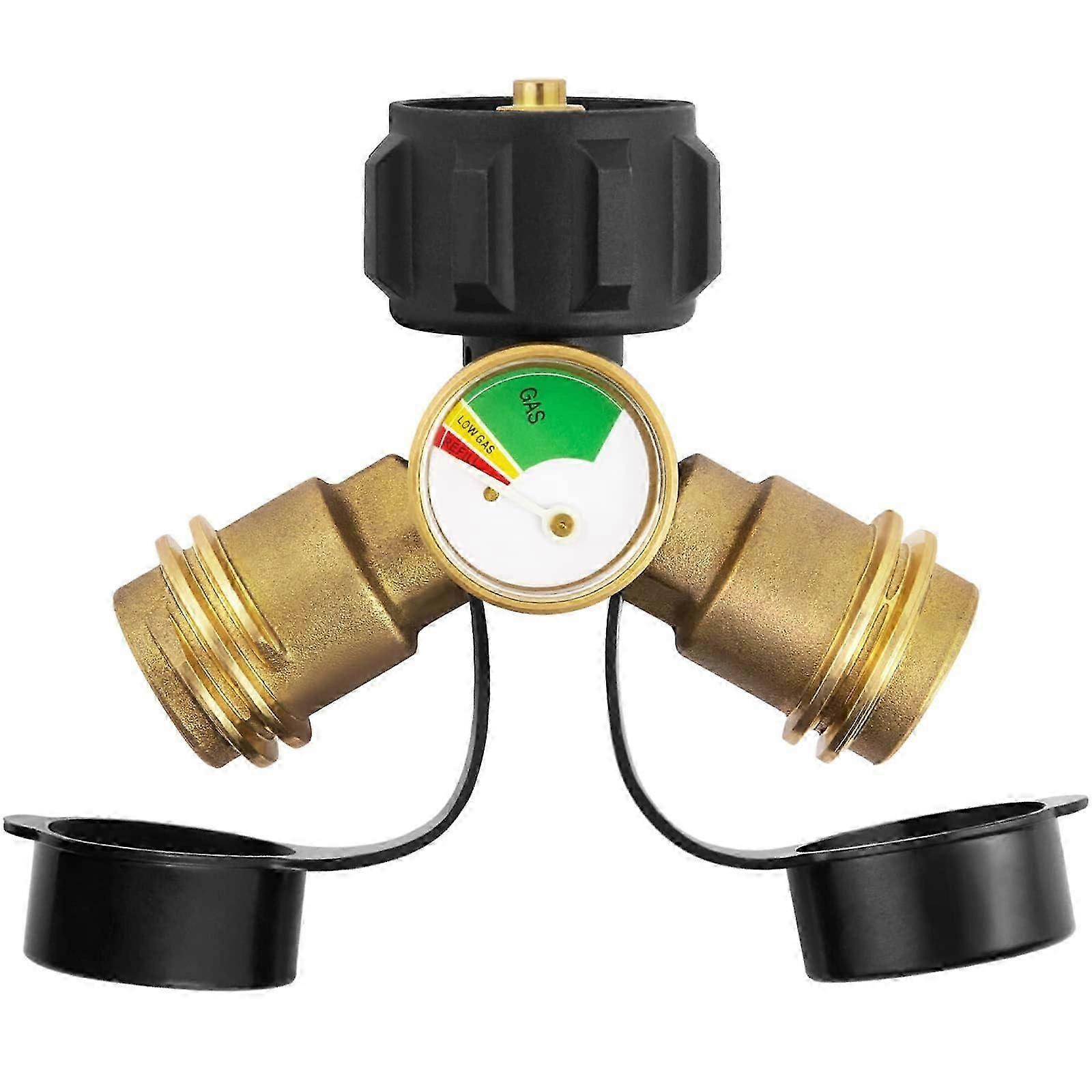 Propane Tank Y Splitter Adapter With Gauge, 2 Way Lp Gas Adapter Tee Connector New